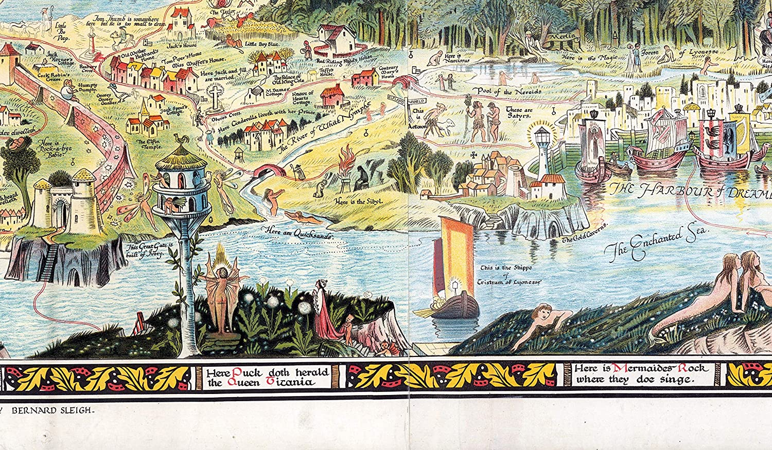 A high-quality wooden jigsaw puzzle of an ancient fantasy map of Fairyland, featuring mythical creatures, castles, and enchanted landscapes. Comes in a handmade wooden keepsake box. Bernard Sleigh Artwork, vintage land of dragons, fairies, trolls, witches, wizards, gnomes and nursery rhymes.