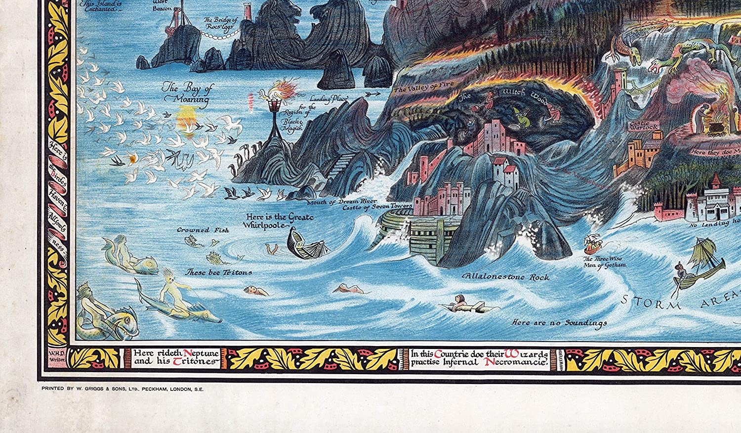 A high-quality wooden jigsaw puzzle of an ancient fantasy map of Fairyland, featuring mythical creatures, castles, and enchanted landscapes. Comes in a handmade wooden keepsake box. Bernard Sleigh Artwork, vintage land of dragons, fairies, trolls, witches, wizards, gnomes and nursery rhymes.