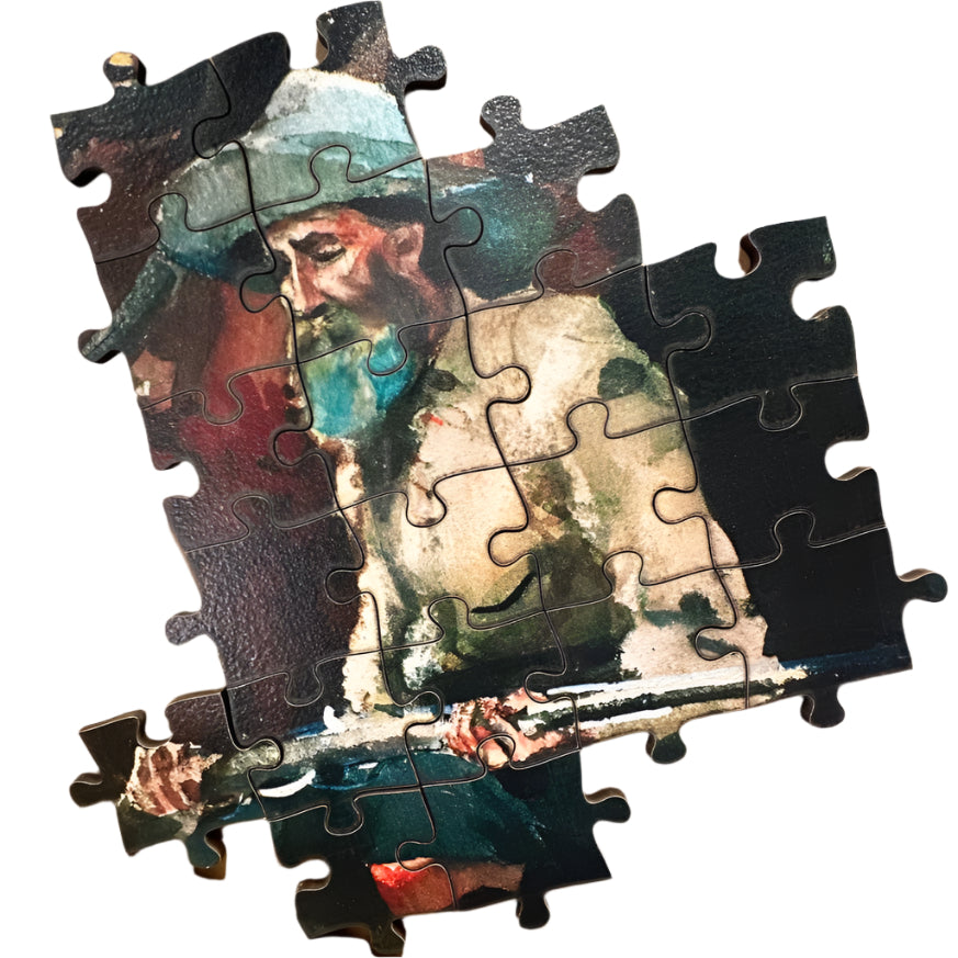 wooden puzzle of Winslow Homer's "Campfire, Adirondacks." A man sits by a campfire in a wilderness setting. Realist painting of the Adirondack Mountains.