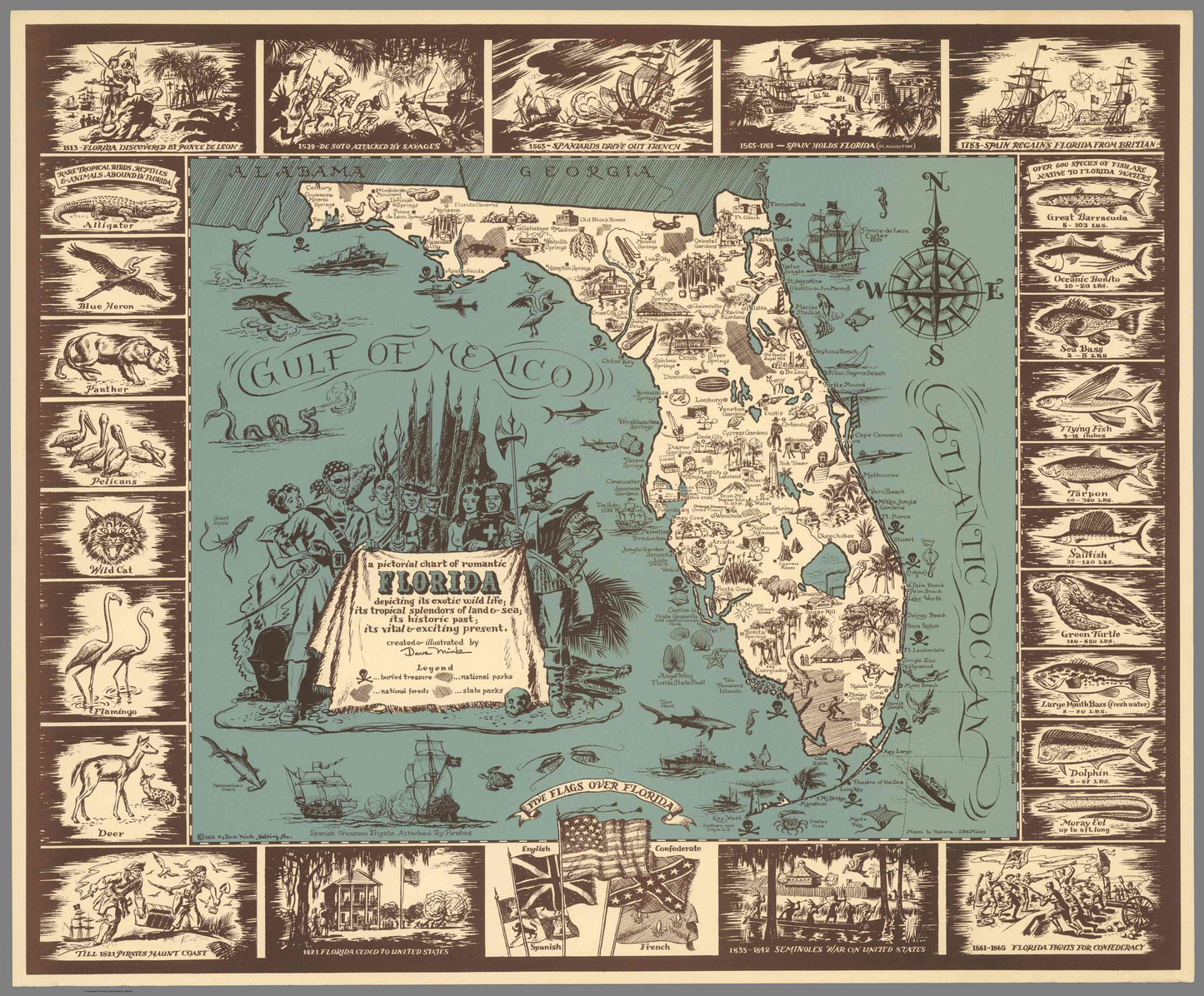 A high-quality wooden jigsaw puzzle of a vintage pictorial map of Florida, featuring historical landmarks, native wildlife, and early explorations of the state. Comes in a handmade wooden keepsake box.