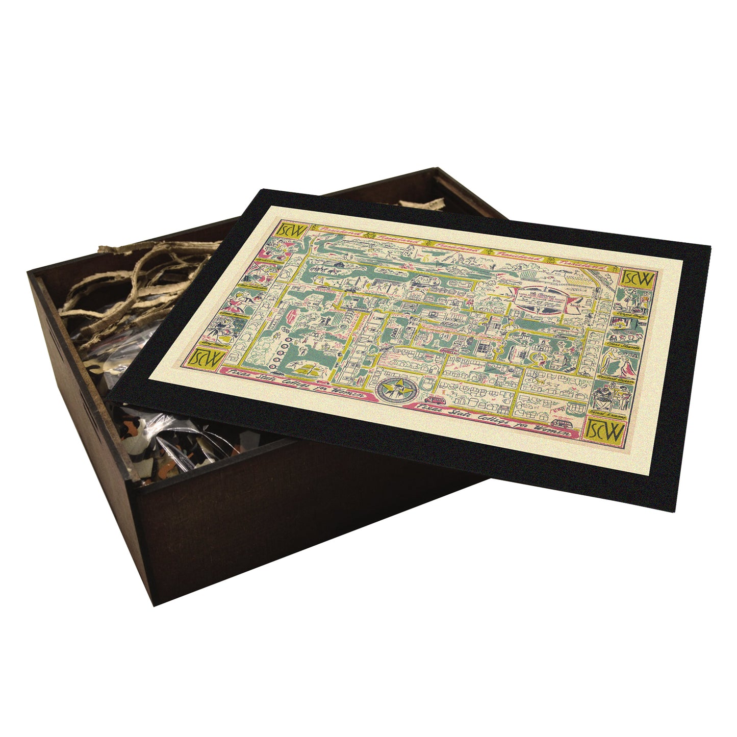 TSCW campus wooden puzzle. Vintage Denton Texas college map, architecture. Jigsaw packaged in wooden handcrafted box.