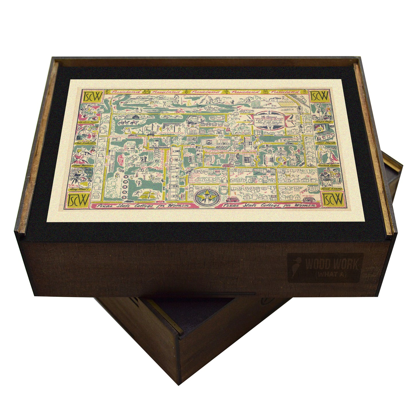TSCW campus wooden puzzle. Vintage Denton Texas college map, architecture.
