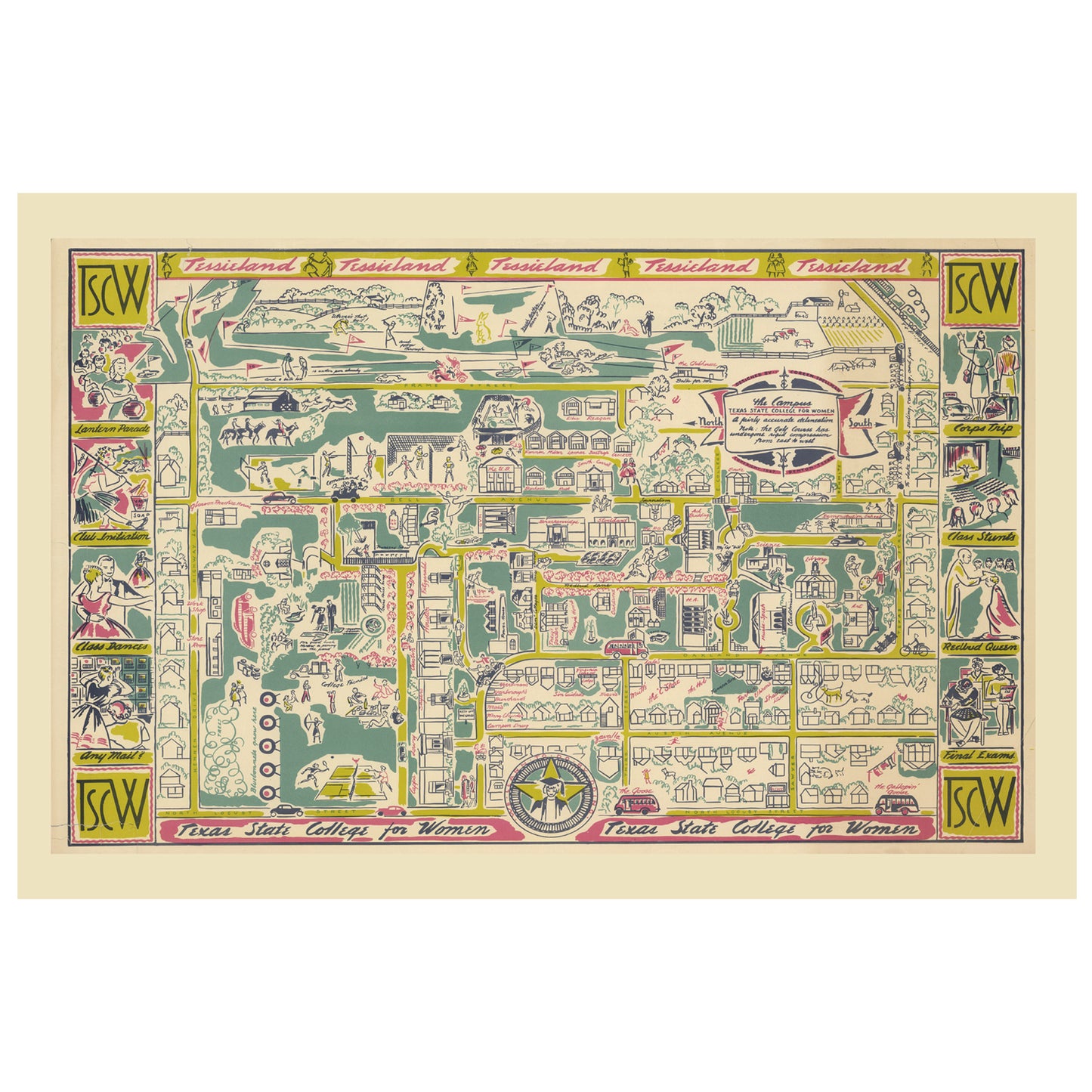 TSCW campus wooden puzzle. Vintage Denton Texas college map, architecture. Artwork scanned