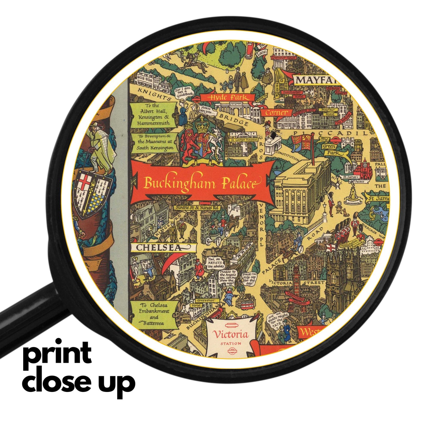 high-quality wooden jigsaw puzzle of a vintage illustrated map of London, featuring historic streets, landmarks, and decorative heraldic crests. Comes in a handmade wooden keepsake box
