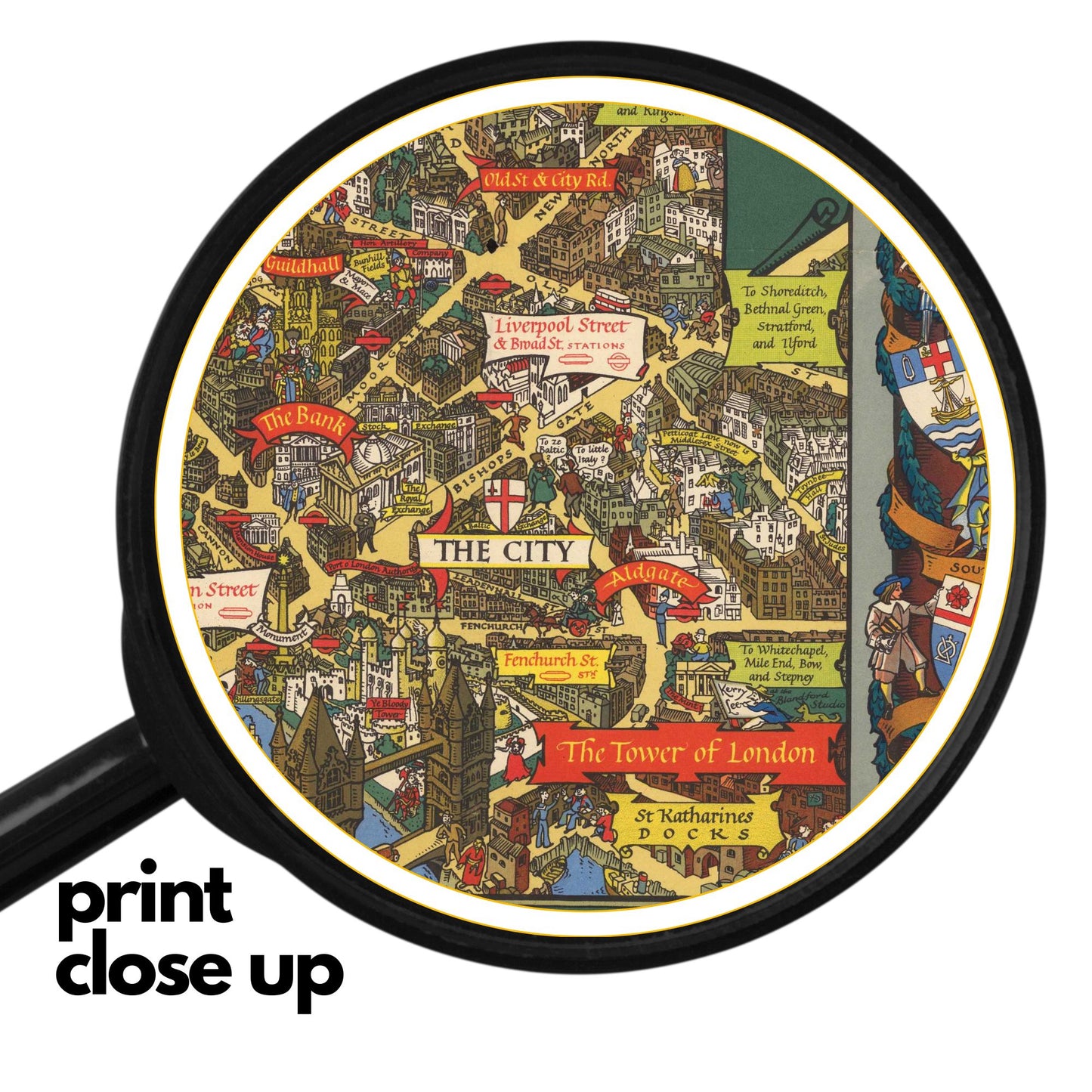high-quality wooden jigsaw puzzle of a vintage illustrated map of London, featuring historic streets, landmarks, and decorative heraldic crests. Comes in a handmade wooden keepsake box