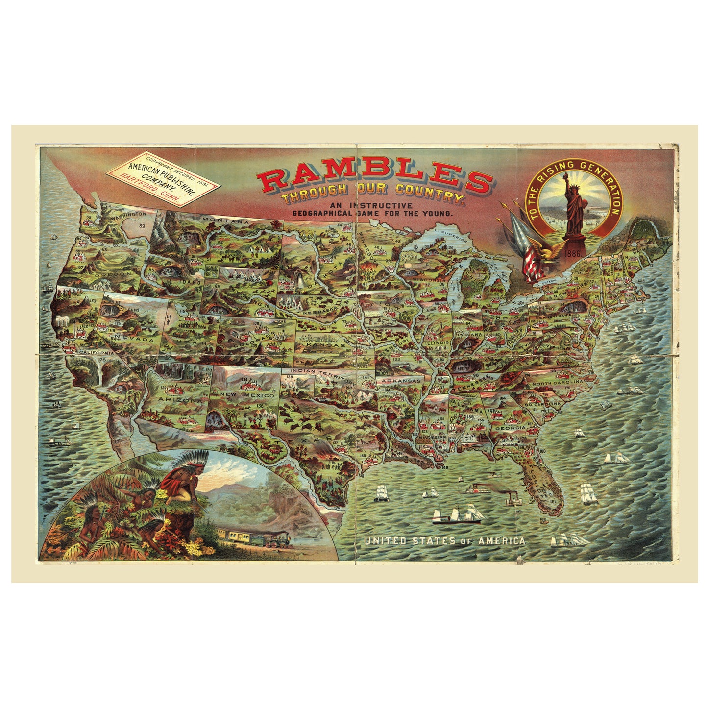 Rambles USA map wooden puzzle. Vintage game, educational, 19th Century vintage artwork