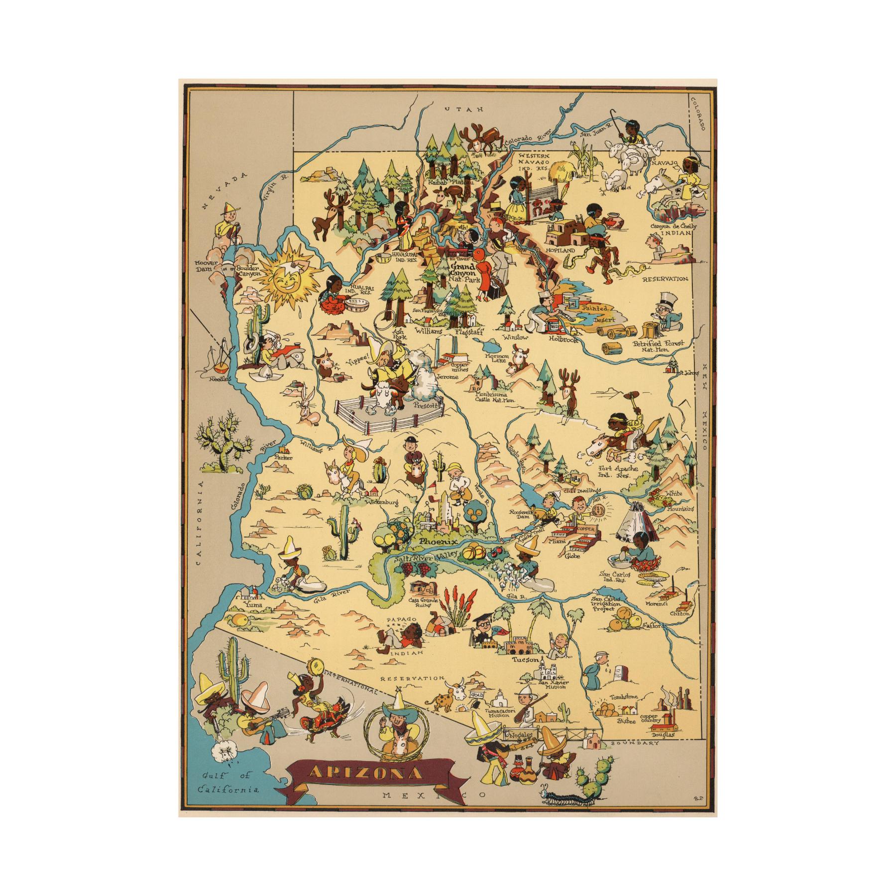 Handcrafted wooden jigsaw puzzle of a colorful vintage map of Arizona, featuring illustrations of the Grand Canyon, deserts, cities, and Native American culture.