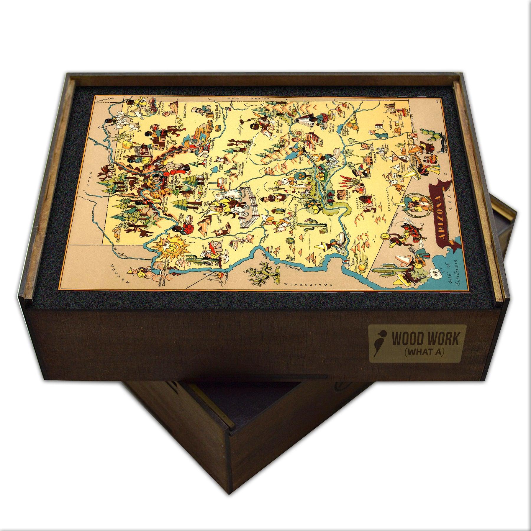Handcrafted wooden jigsaw puzzle of a colorful vintage map of Arizona, featuring illustrations of the Grand Canyon, deserts, cities, and Native American culture.
