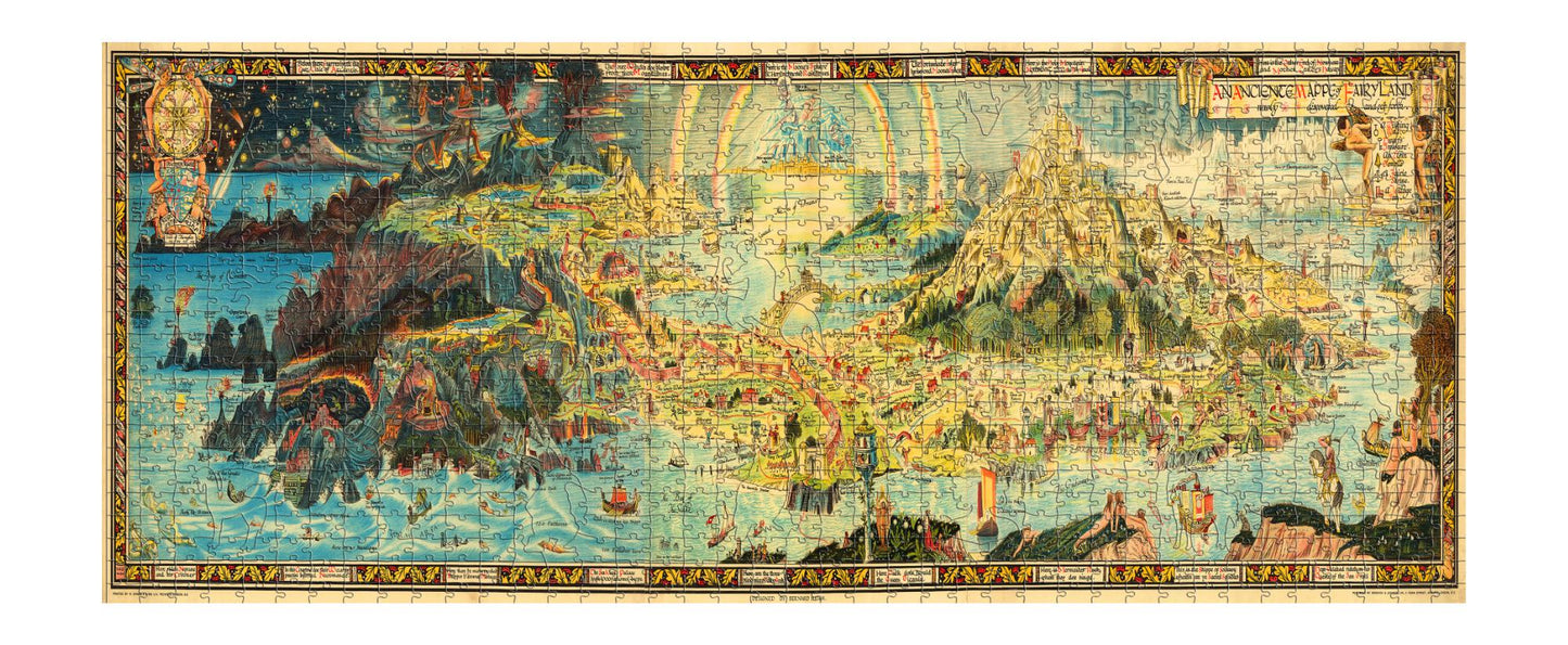 A high-quality wooden jigsaw puzzle of an ancient fantasy map of Fairyland, featuring mythical creatures, castles, and enchanted landscapes. Comes in a handmade wooden keepsake box. Bernard Sleigh Artwork, vintage land of dragons, fairies, trolls, witches, wizards, gnomes and nursery rhymes.