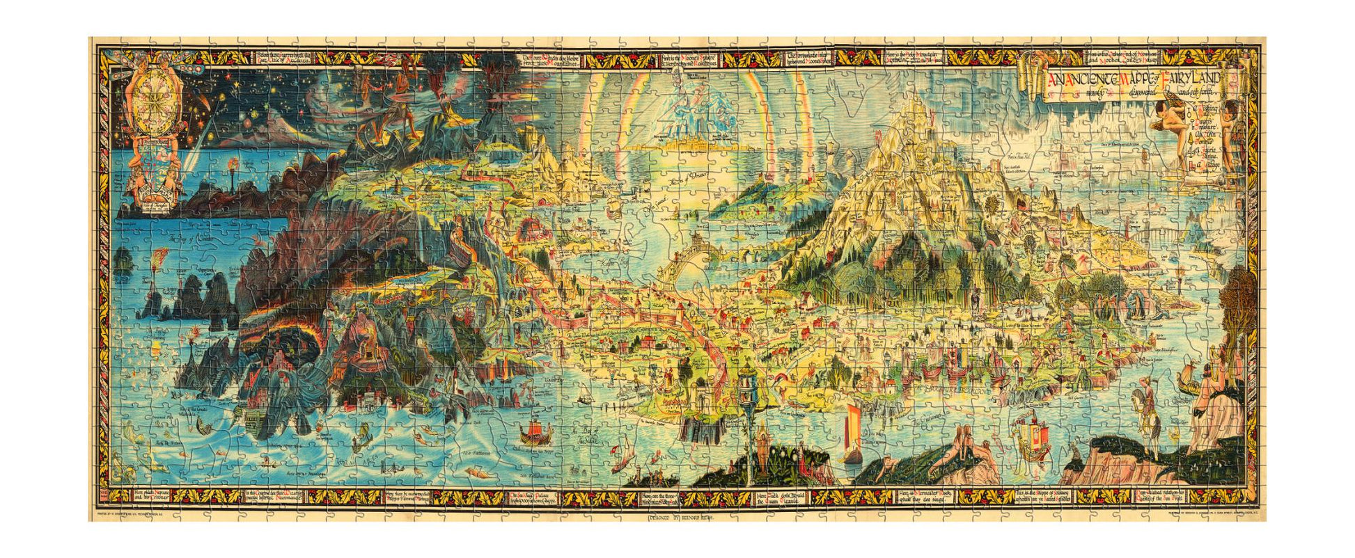 A high-quality wooden jigsaw puzzle of an ancient fantasy map of Fairyland, featuring mythical creatures, castles, and enchanted landscapes. Comes in a handmade wooden keepsake box. Bernard Sleigh Artwork, vintage land of dragons, fairies, trolls, witches, wizards, gnomes and nursery rhymes.