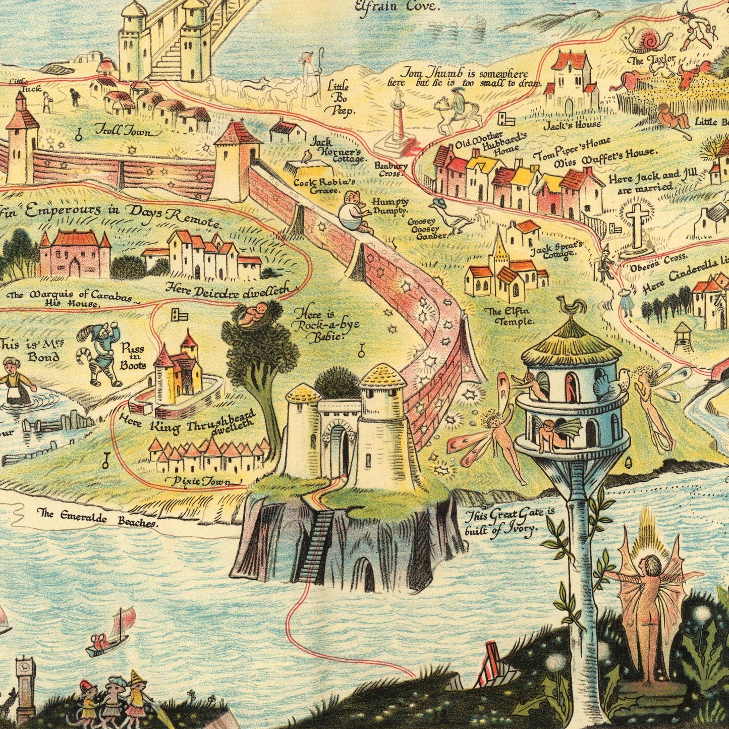 A high-quality wooden jigsaw puzzle of an ancient fantasy map of Fairyland, featuring mythical creatures, castles, and enchanted landscapes. Comes in a handmade wooden keepsake box. Bernard Sleigh Artwork, vintage land of dragons, fairies, trolls, witches, wizards, gnomes and nursery rhymes.