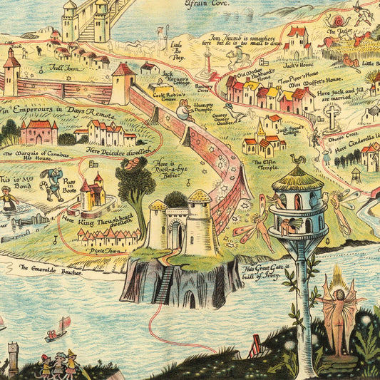 A high-quality wooden jigsaw puzzle of an ancient fantasy map of Fairyland, featuring mythical creatures, castles, and enchanted landscapes. Comes in a handmade wooden keepsake box. Bernard Sleigh Artwork, vintage land of dragons, fairies, trolls, witches, wizards, gnomes and nursery rhymes.