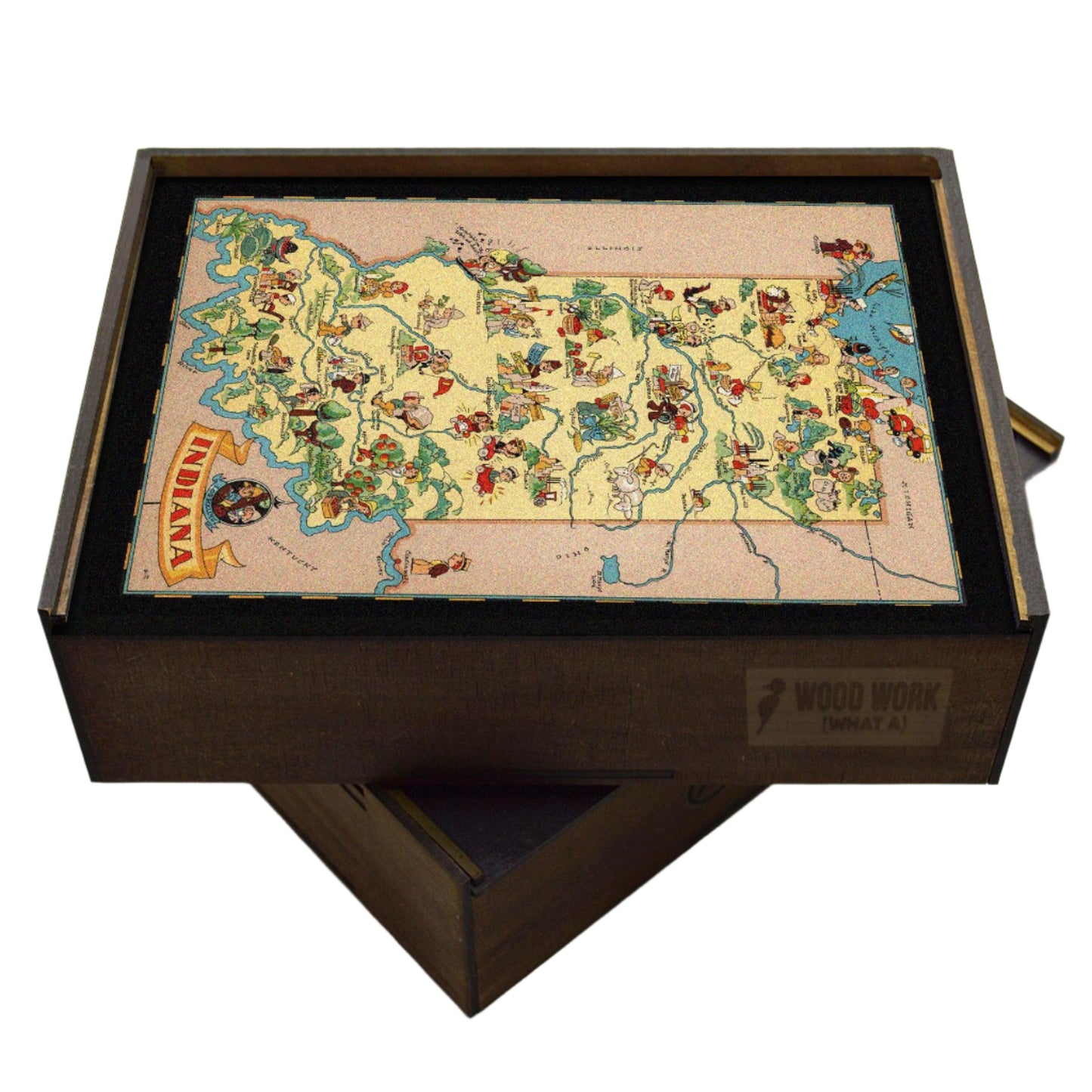 Collectible wooden puzzle of a vintage pictorial map of Indiana showcasing landmarks, natural wonders, cultural elements, and historical references. Illustrated cartography highlighting the state's diverse attractions and heritage