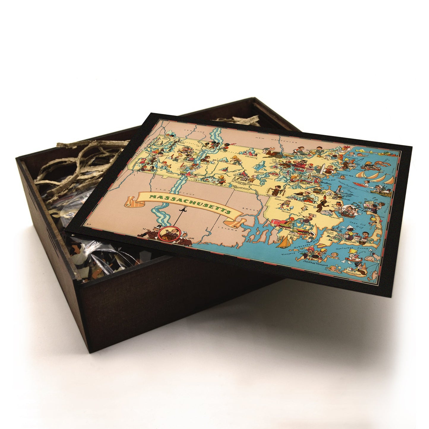 MASSACHUSETTS Wooden Puzzle | Vintage Pictorial Map | Adult Jigsaw Puzzles