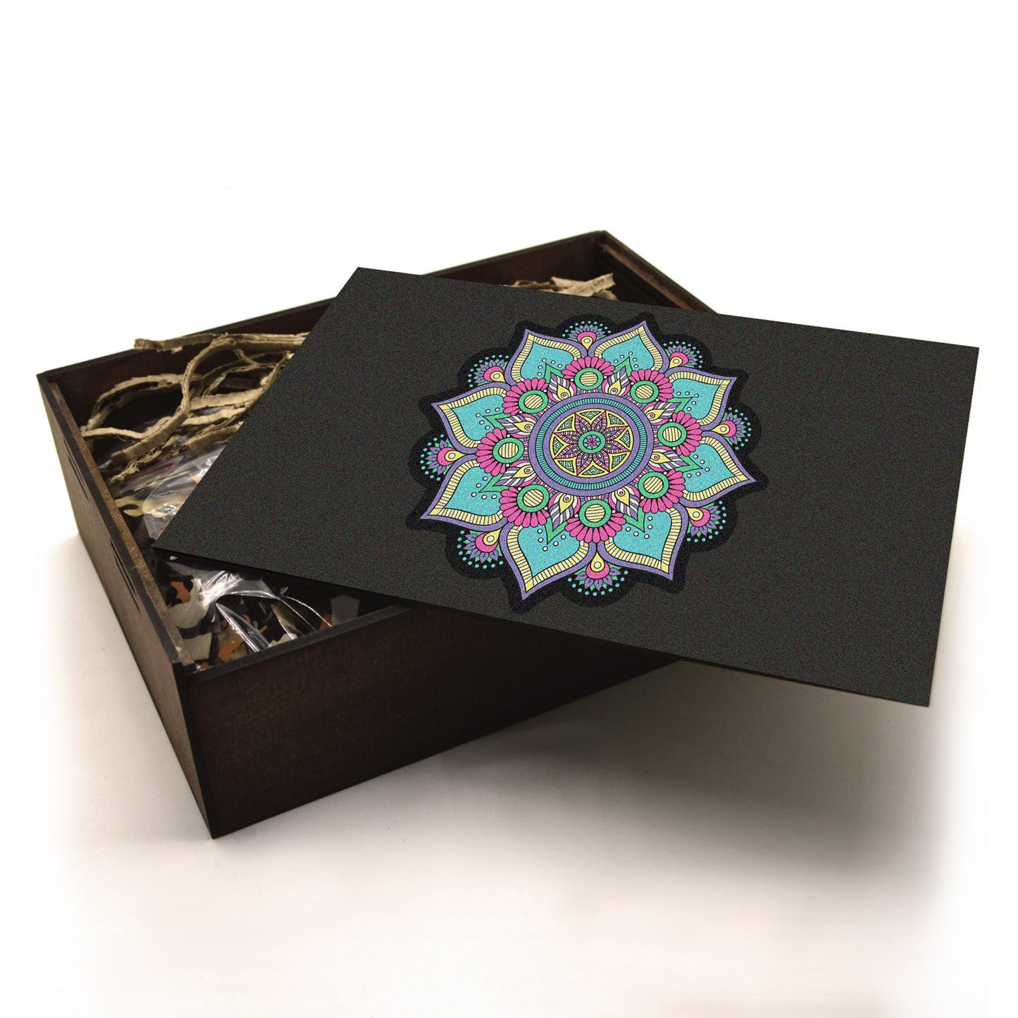 Handcrafted wooden box containing a colorful mandala puzzle with intricate patterns. Unique and artistic gift. WAWW Puzzles