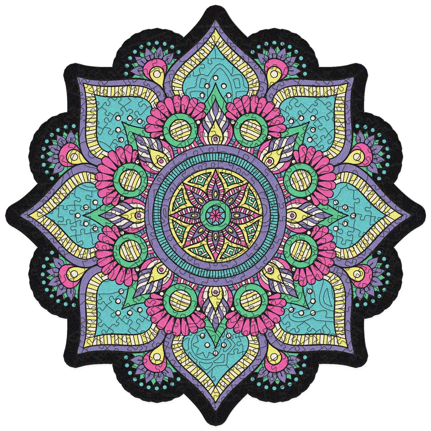 colorful mandala wooden jigsaw puzzle with a geometrical design and flower-like center. It has the mantra or word Breath in the center of the puzzle.