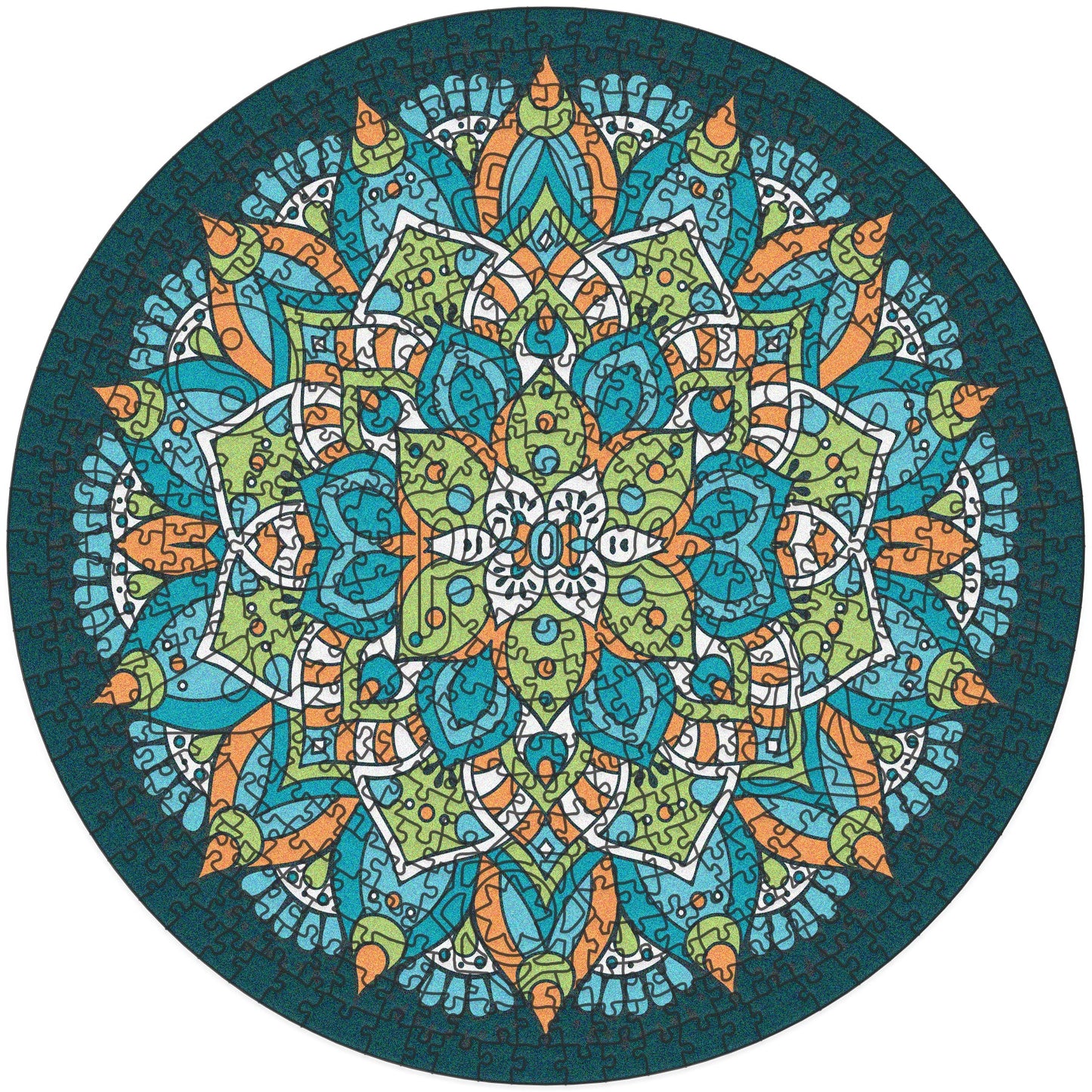 colorful mandala wooden jigsaw puzzle with a geometrical design. Reads a center mantra with the word PEACE