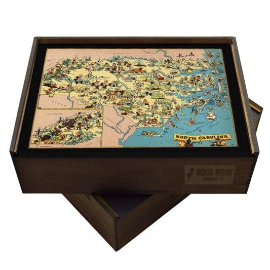 Collectible wooden puzzle of a vintage pictorial map of North Carolina showcasing landmarks, natural wonders, cultural elements, and historical references. Illustrated cartography highlighting the state's diverse attractions and heritage