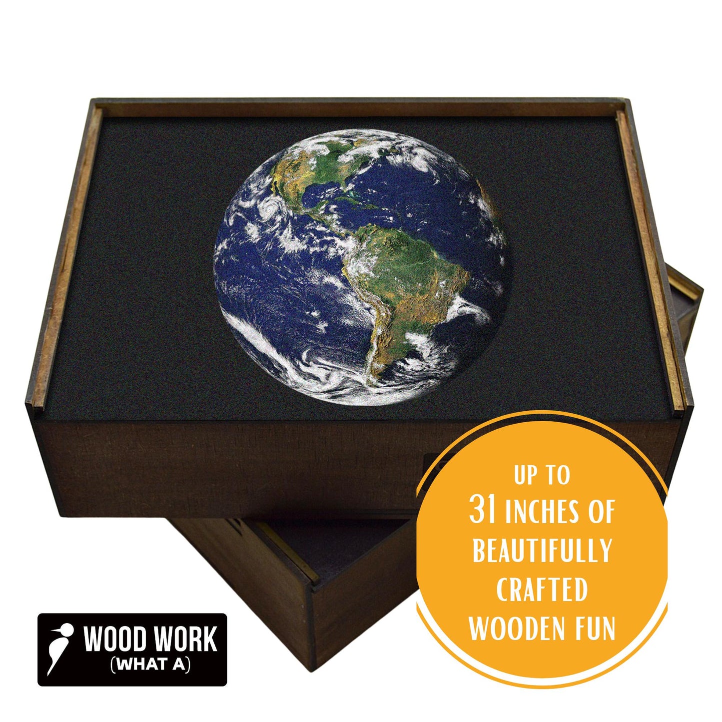 A high-quality round wooden jigsaw puzzle of Earth, featuring a realistic image of the planet’s blue oceans, green continents, and swirling clouds as seen from space. Comes in a handmade wooden keepsake box.