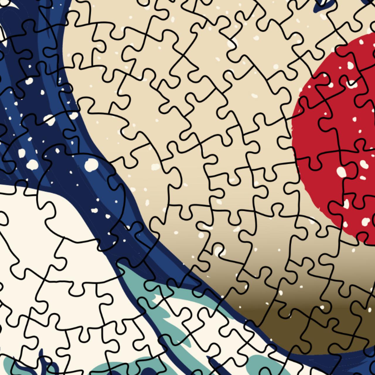 Hokusai Great Wave wooden puzzle. Japanese art jigsaw, intricate design.