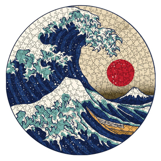 Hokusai Great Wave wooden puzzle. Japanese art jigsaw, intricate design.