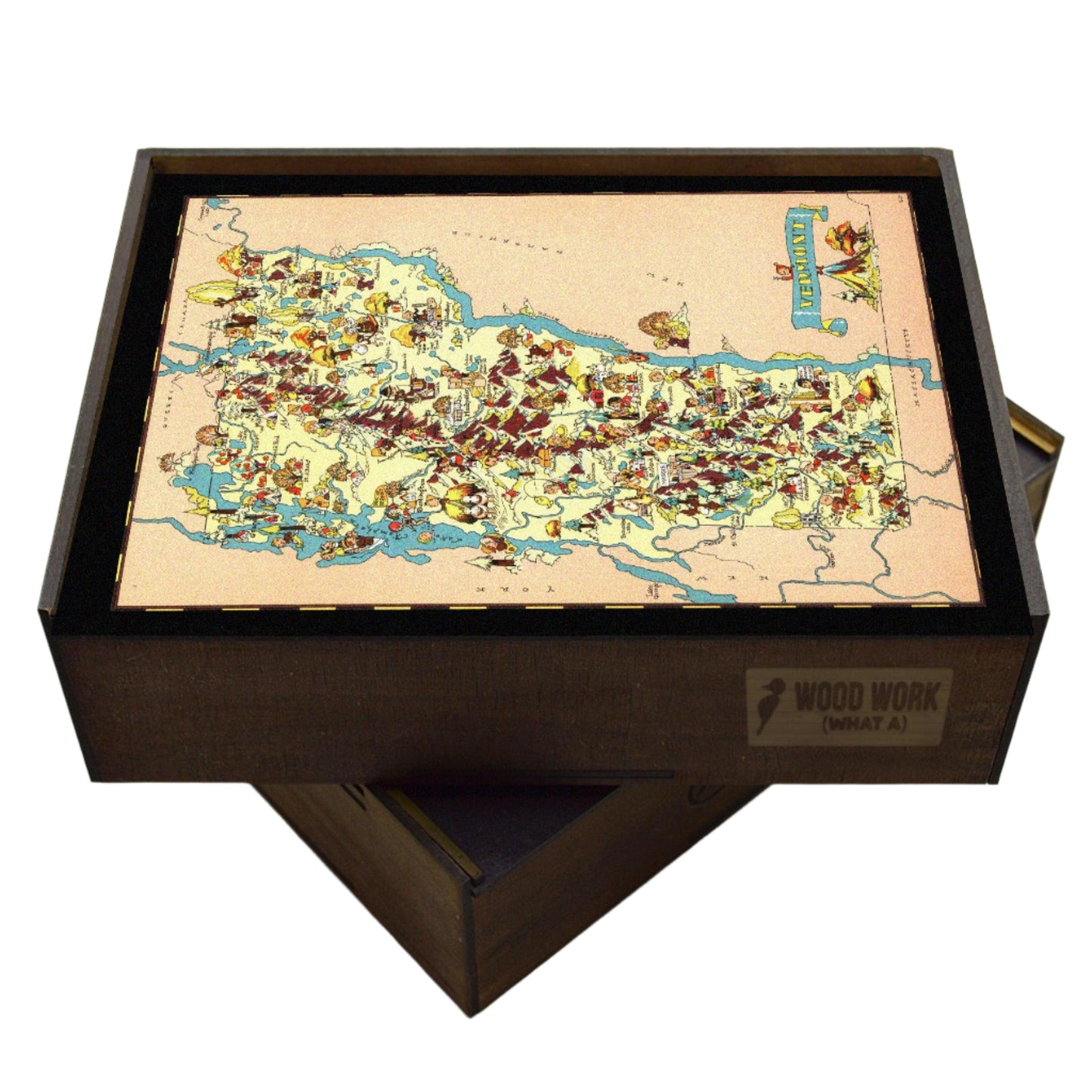 Collectible wooden puzzle of a vintage pictorial map of Vermont showcasing landmarks, natural wonders, cultural elements, and historical references. Illustrated cartography highlighting the state's diverse attractions and heritage
