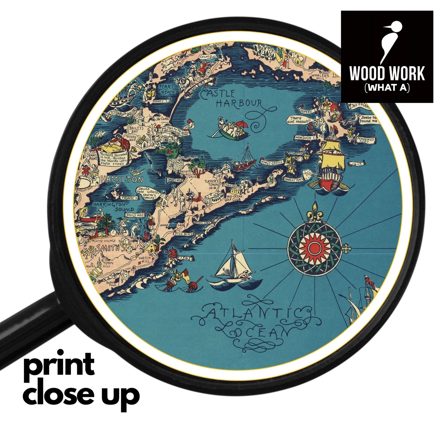 close up of a Vintage BERMUDA Islands Pictorial Map made into a wooden jigsaw puzzle