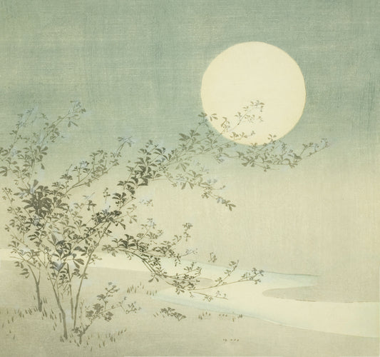 a painting of a full moon over a snowy landscape