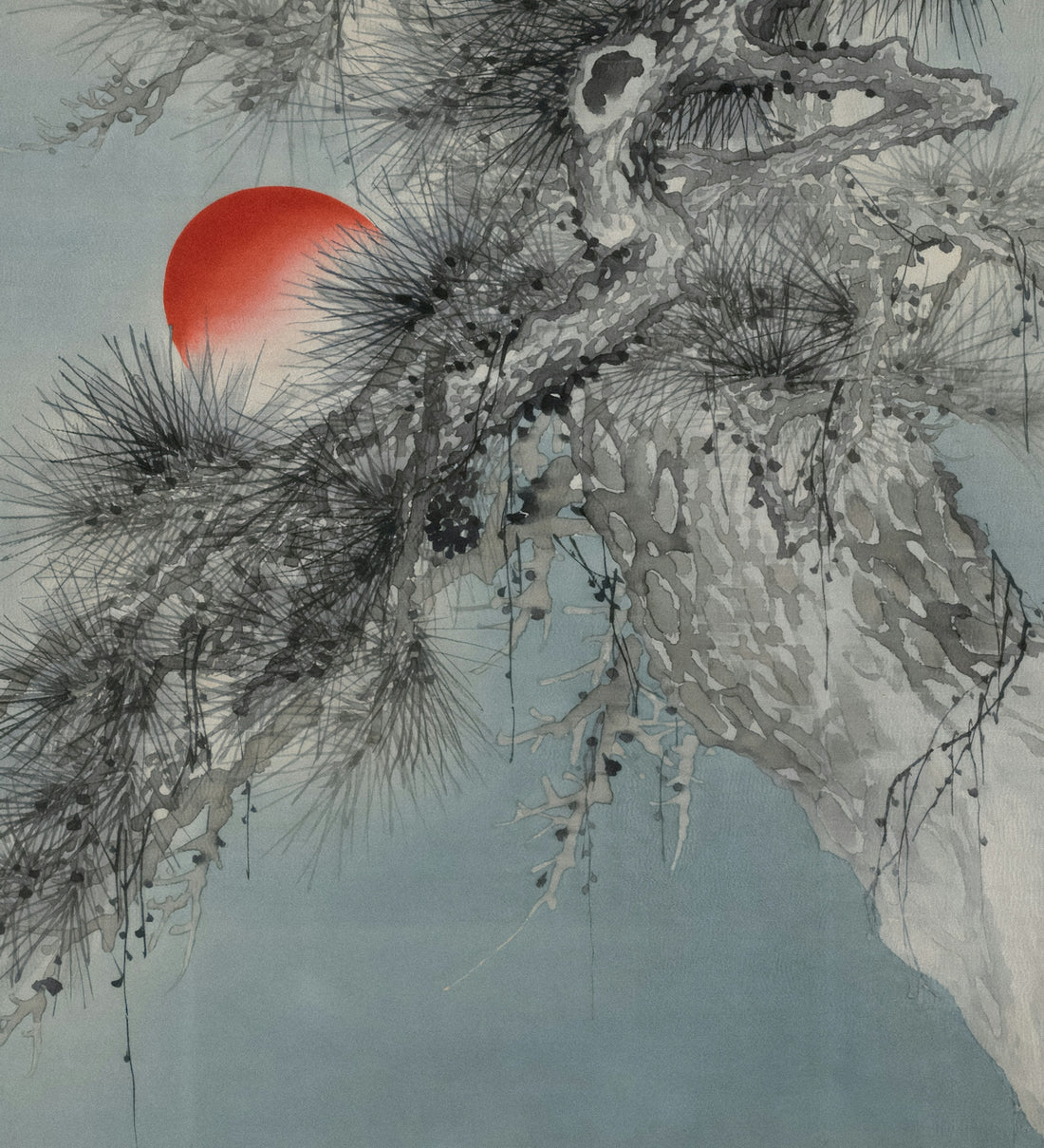 a painting of a pine tree with a red sun in the background