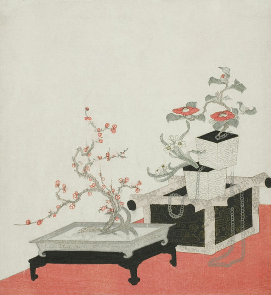 a painting of a table with a vase of flowers on top of it