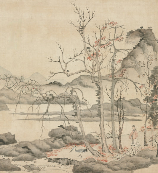 a painting of a person standing in a forest