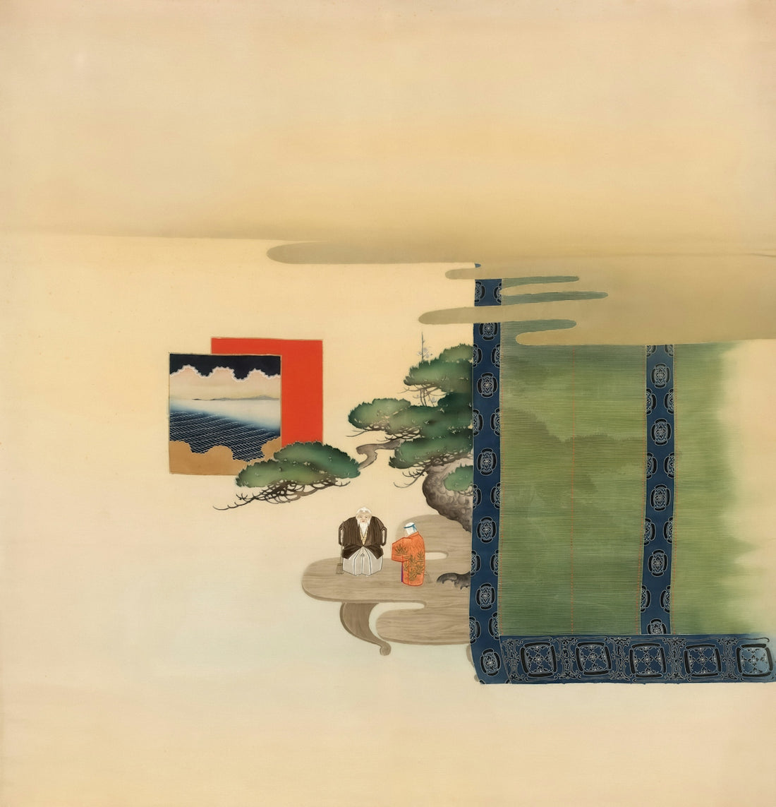 Two figures and pine trees on a decorative screen