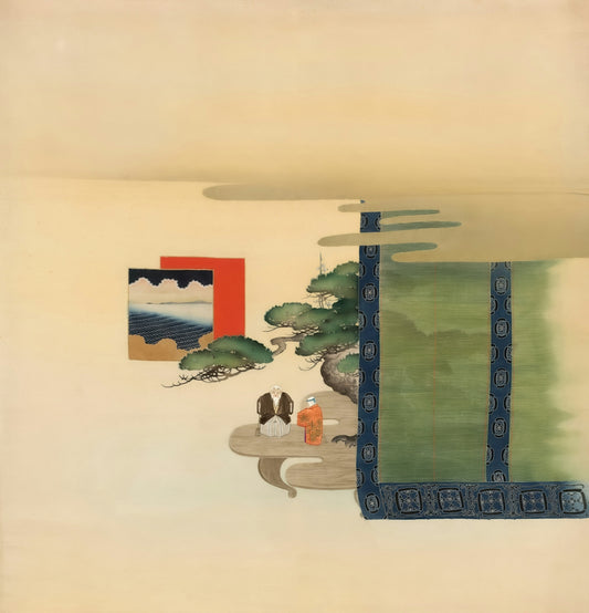 Two figures and pine trees on a decorative screen