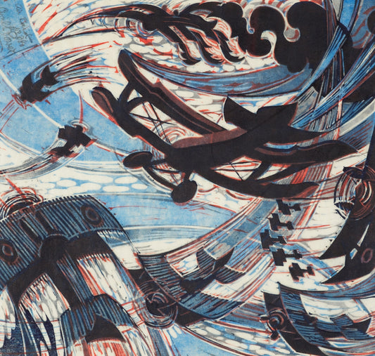 Abstract artwork with stylized planes and swirling blue patterns