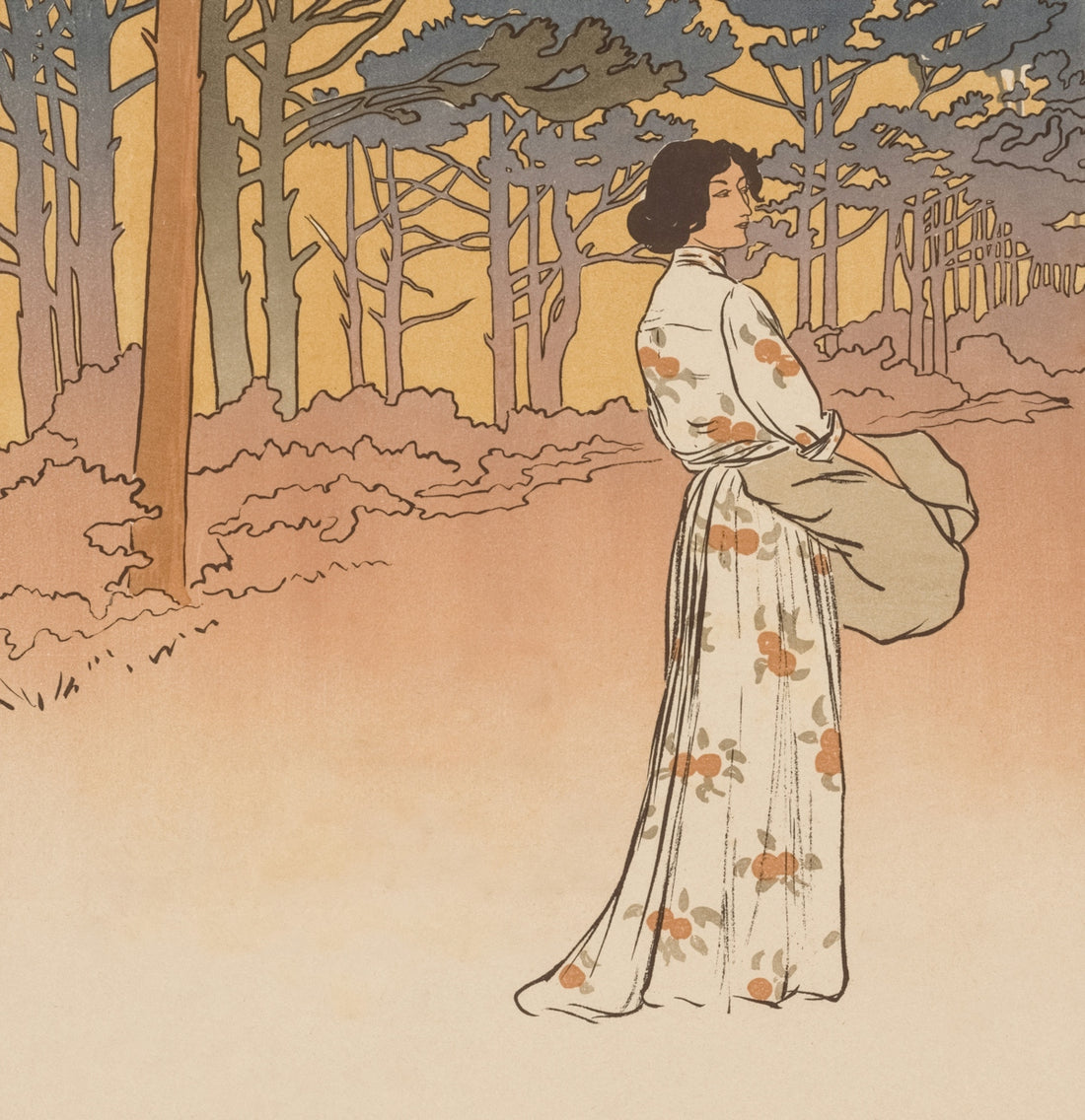 Woman in floral dress walks in a forest