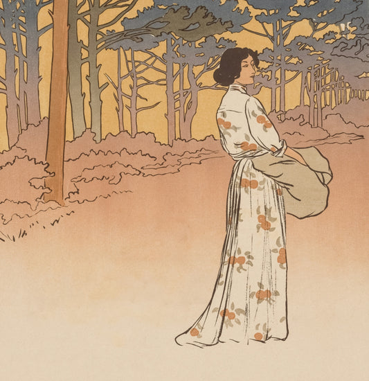 Woman in floral dress walks in a forest