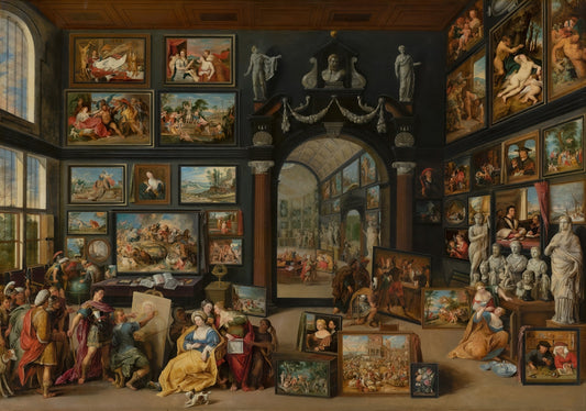 People admire paintings and sculptures in a grand gallery.