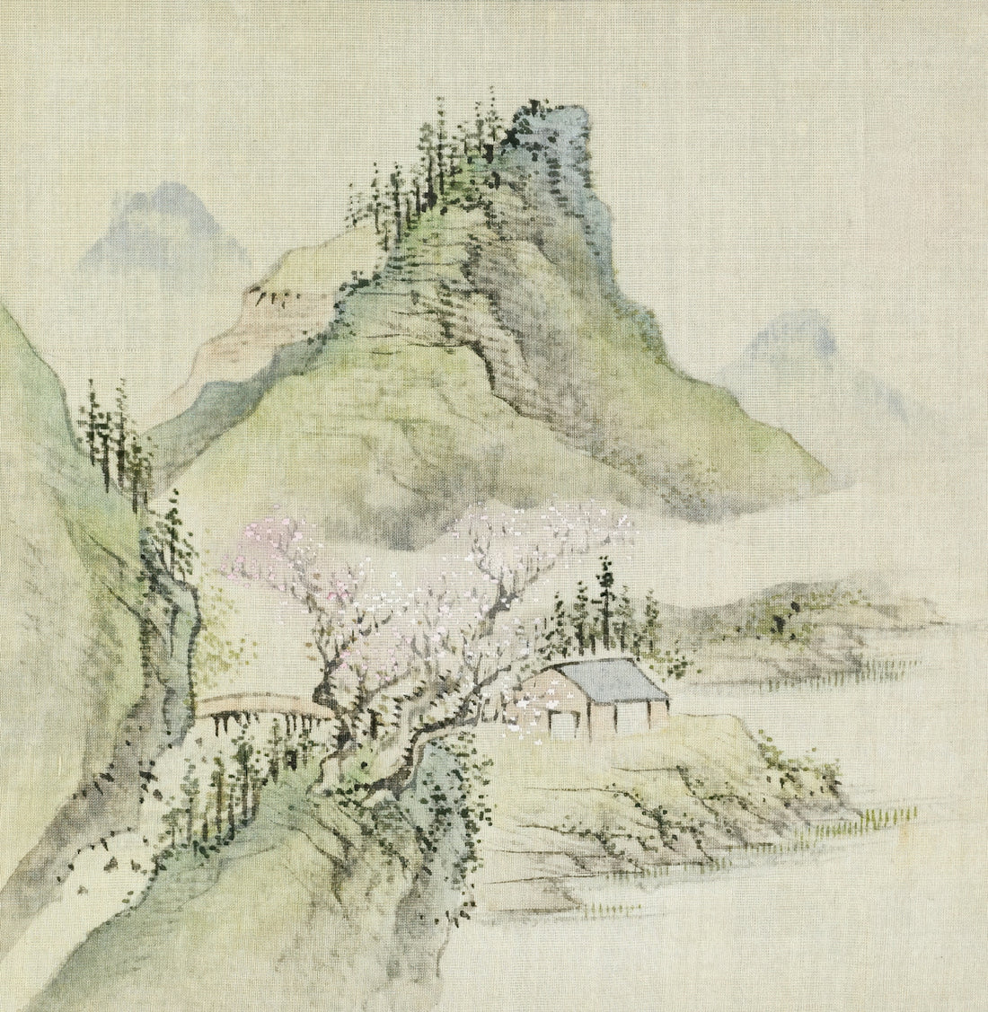 Misty mountains with a small house and blooming tree