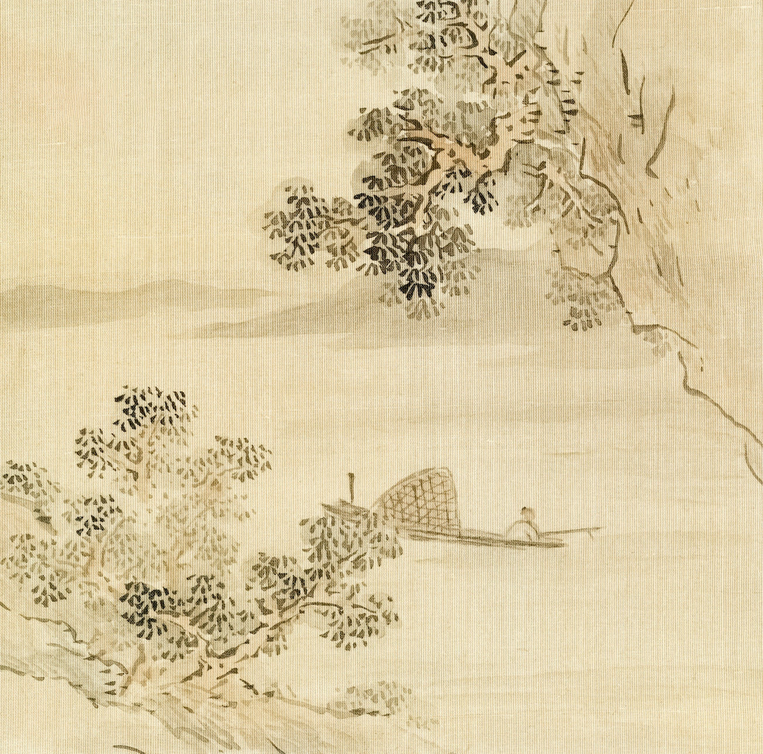 A lone figure in a boat on a calm river.
