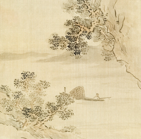 A lone figure in a boat on a calm river.