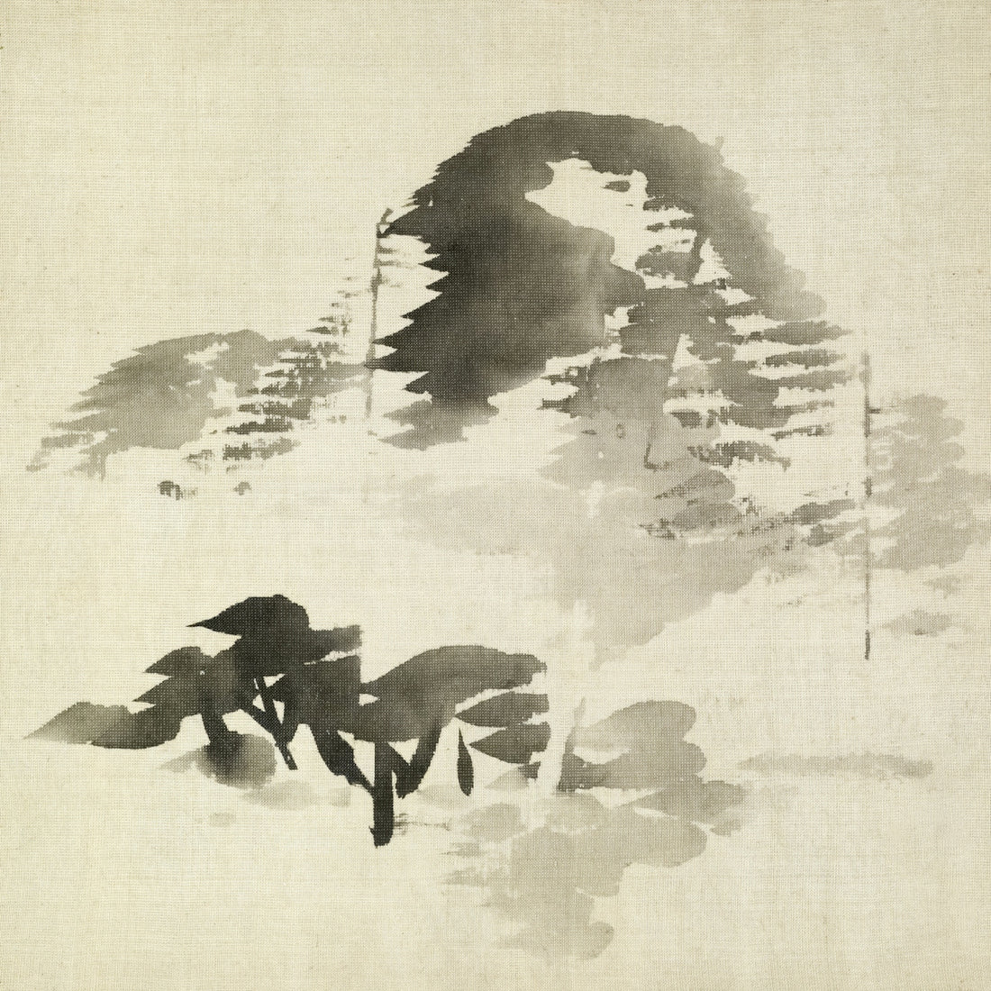 Ink wash painting of trees and a misty mountain.