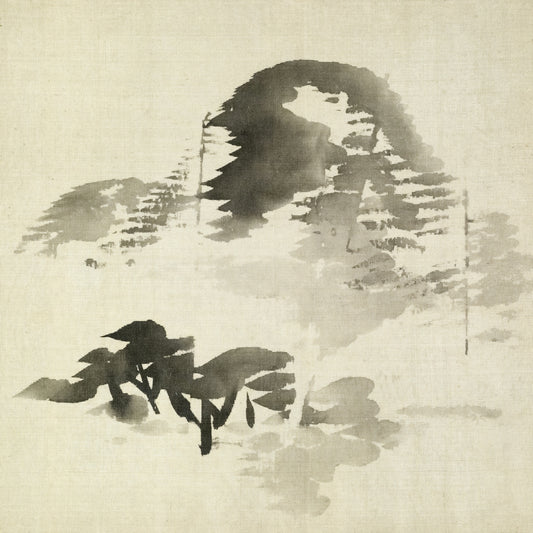 Ink wash painting of trees and a misty mountain.