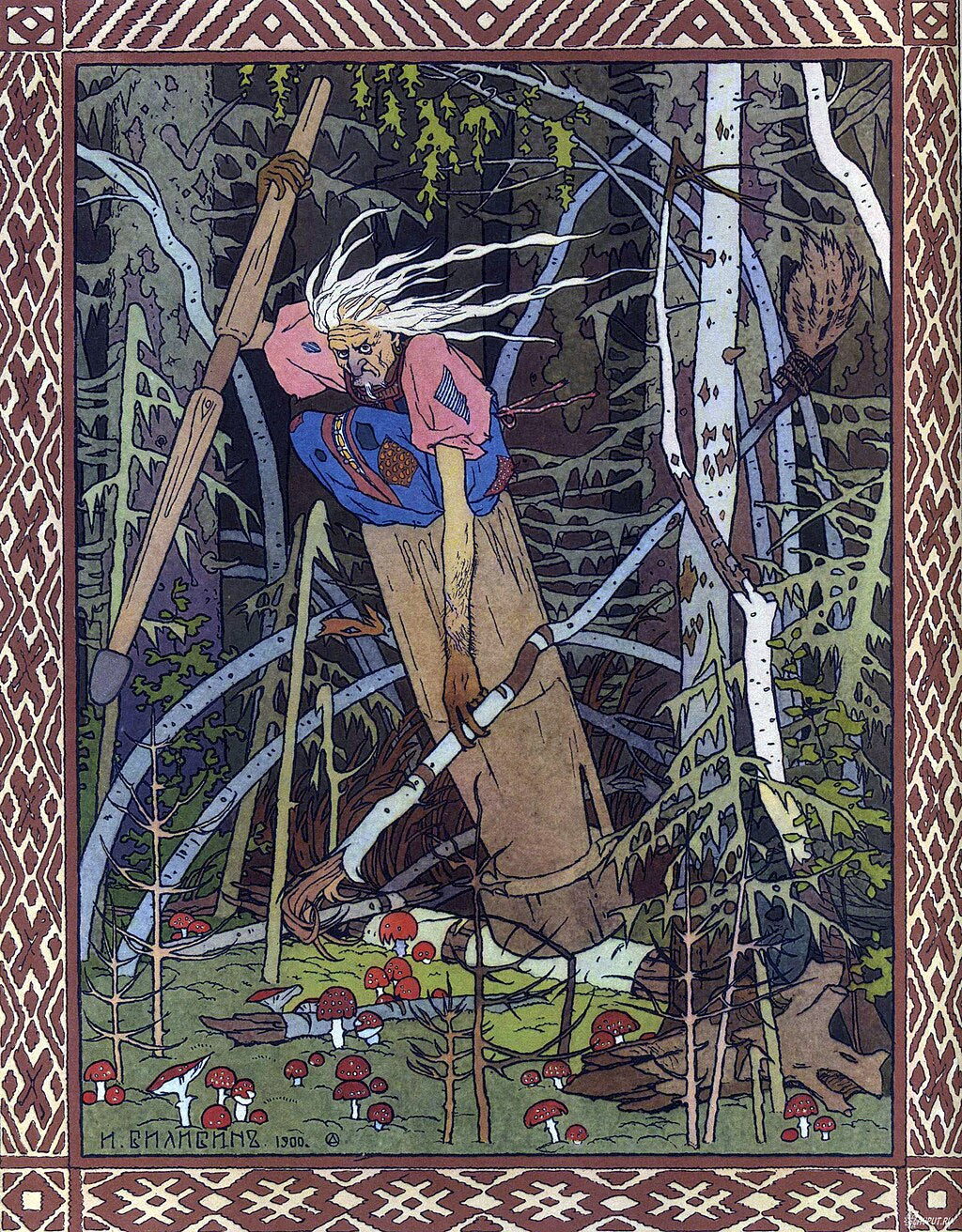 Bilibin's Baba Yaga in a birch forest with vivid colors and intricate details