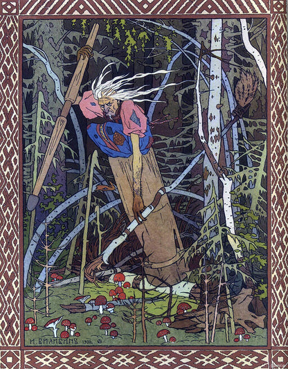 Bilibin's Baba Yaga in a birch forest with vivid colors and intricate details