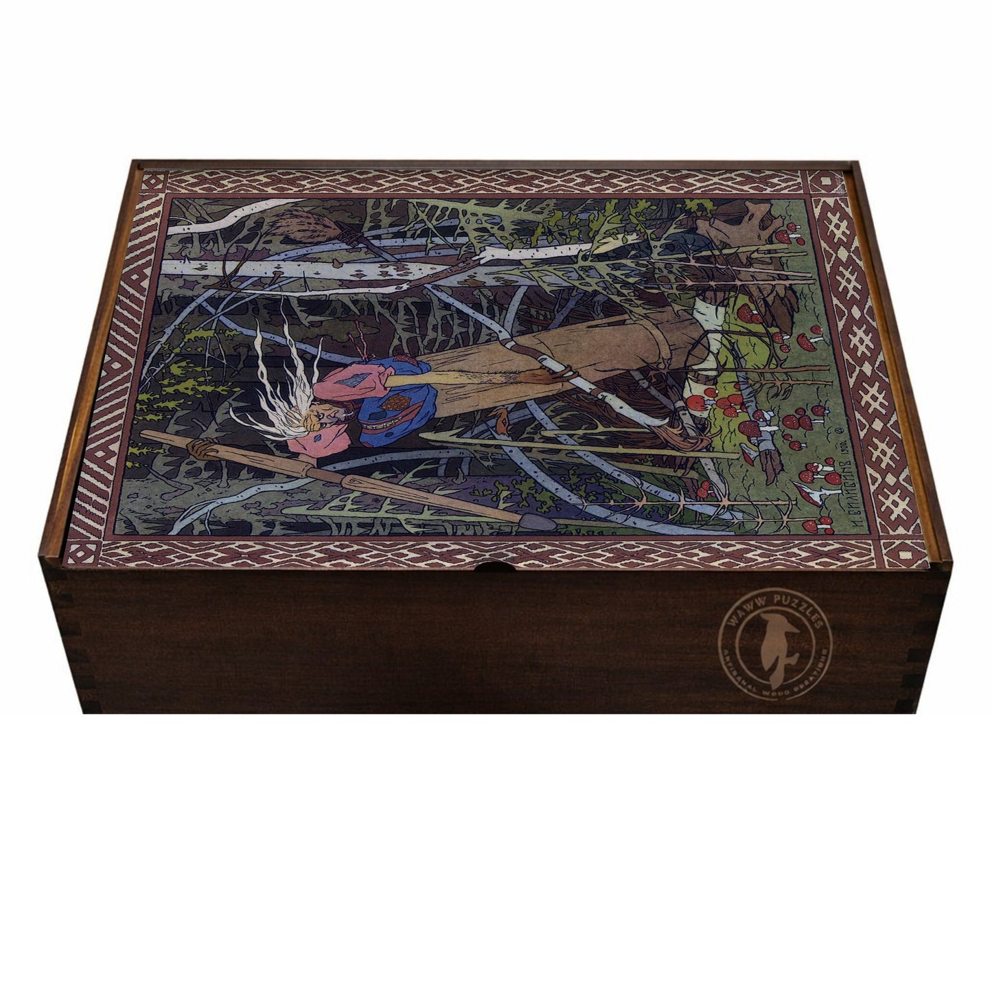 Artisan box of wooden puzzle featuring Bilibin's Baba Yaga illustration