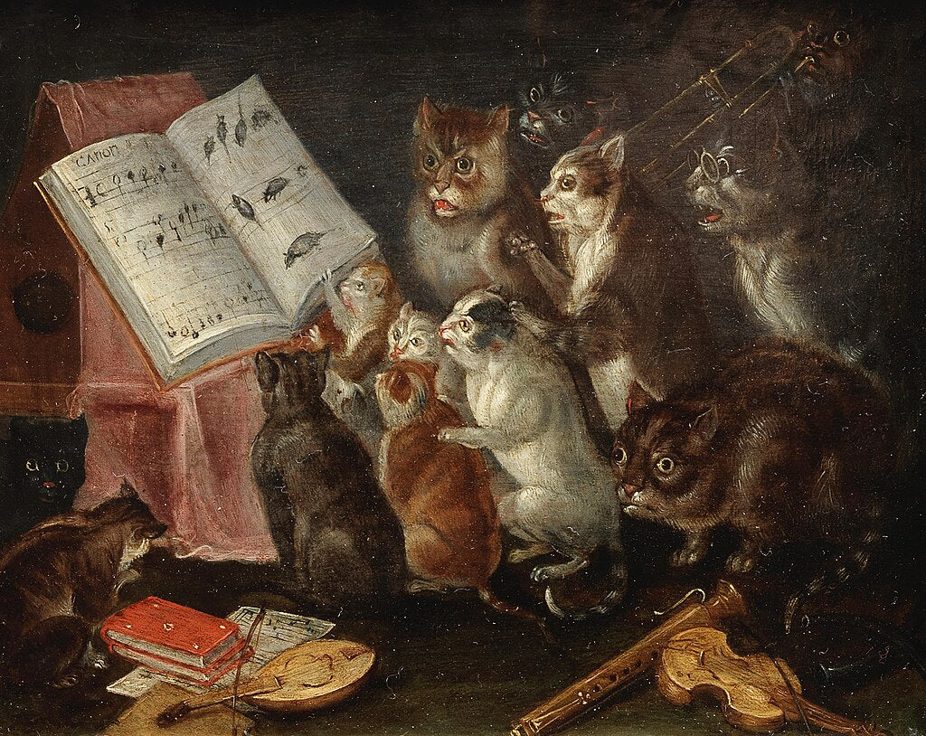 The "Concert of Cats" painting by Ferdinand van Kessel showing cats in elaborate costumes playing musical instruments.