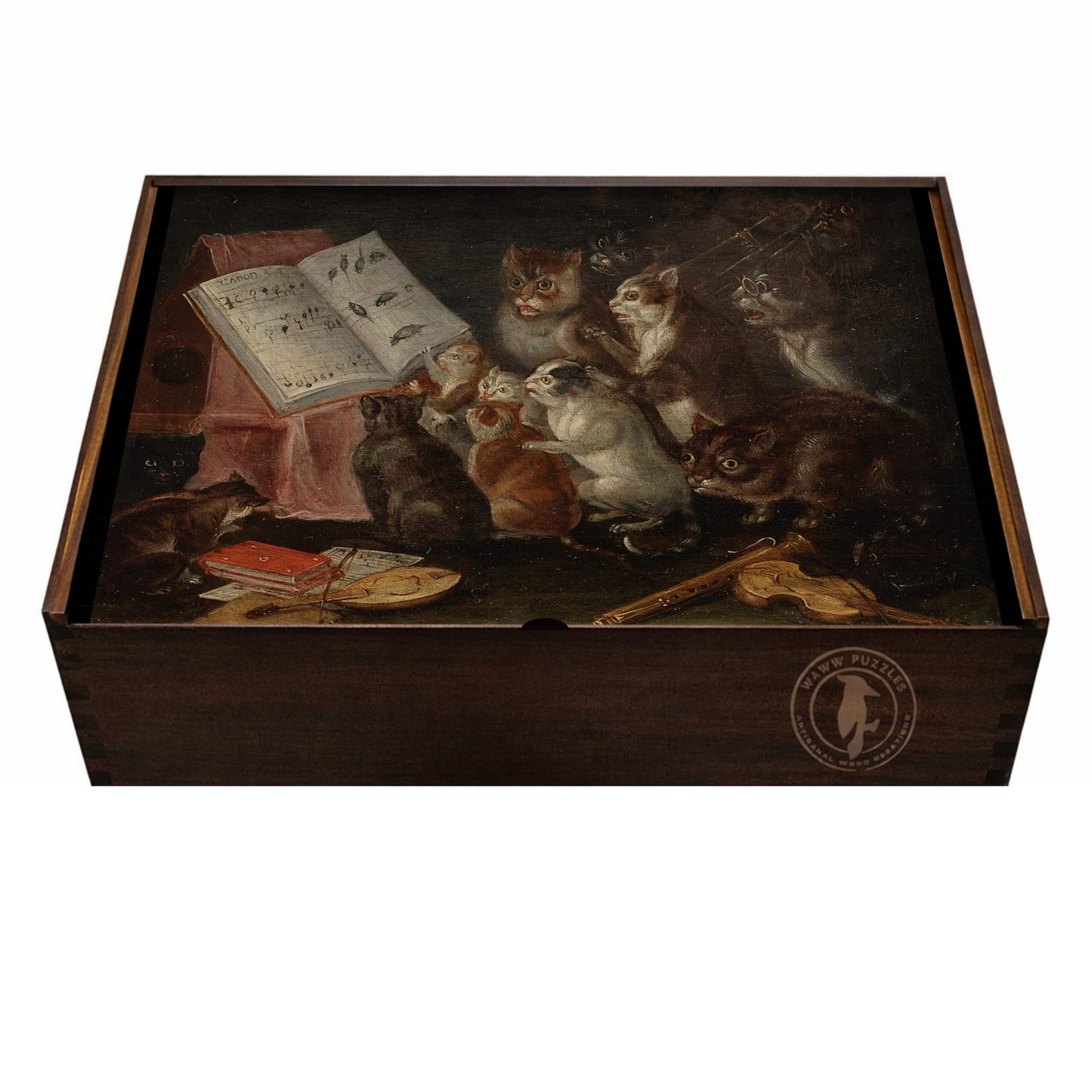 Artisanal puzzle box with a whimsical image of "Concert of Cats" by Ferdinand van Kessel on the cover.