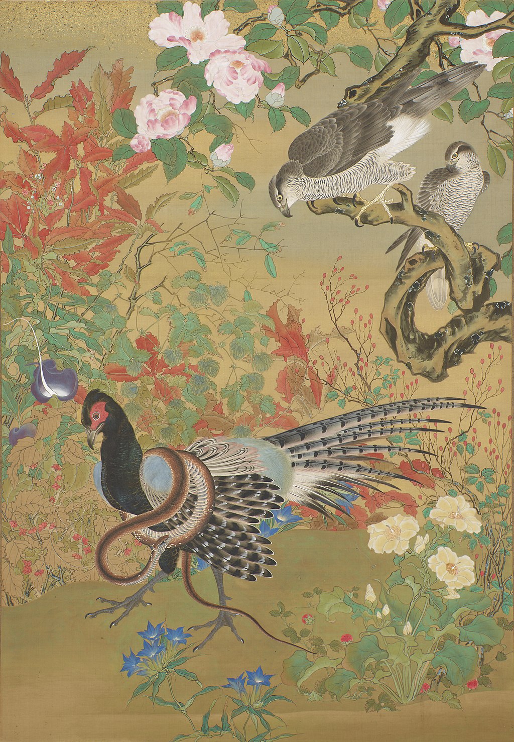 Kawanabe Kyosai's Flowers and Birds with vibrant colors and intricate bird and flower compositions