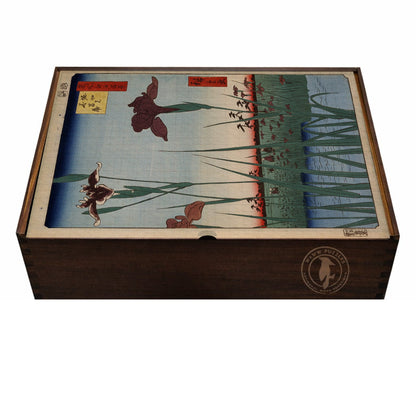 Premium wooden puzzle box featuring Hiroshige's Horikiri Iris Garden art