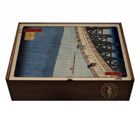 Hiroshige's Sudden Shower showing a rainy scene over Shin-Ōhashi Bridge with rushing figures